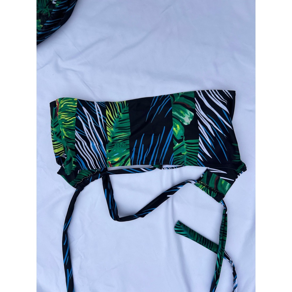 Tropical Palm Print 3 Piece Bikini Set with Mesh Maxi Skirt Cover Up Green M - Picture 9 of 10